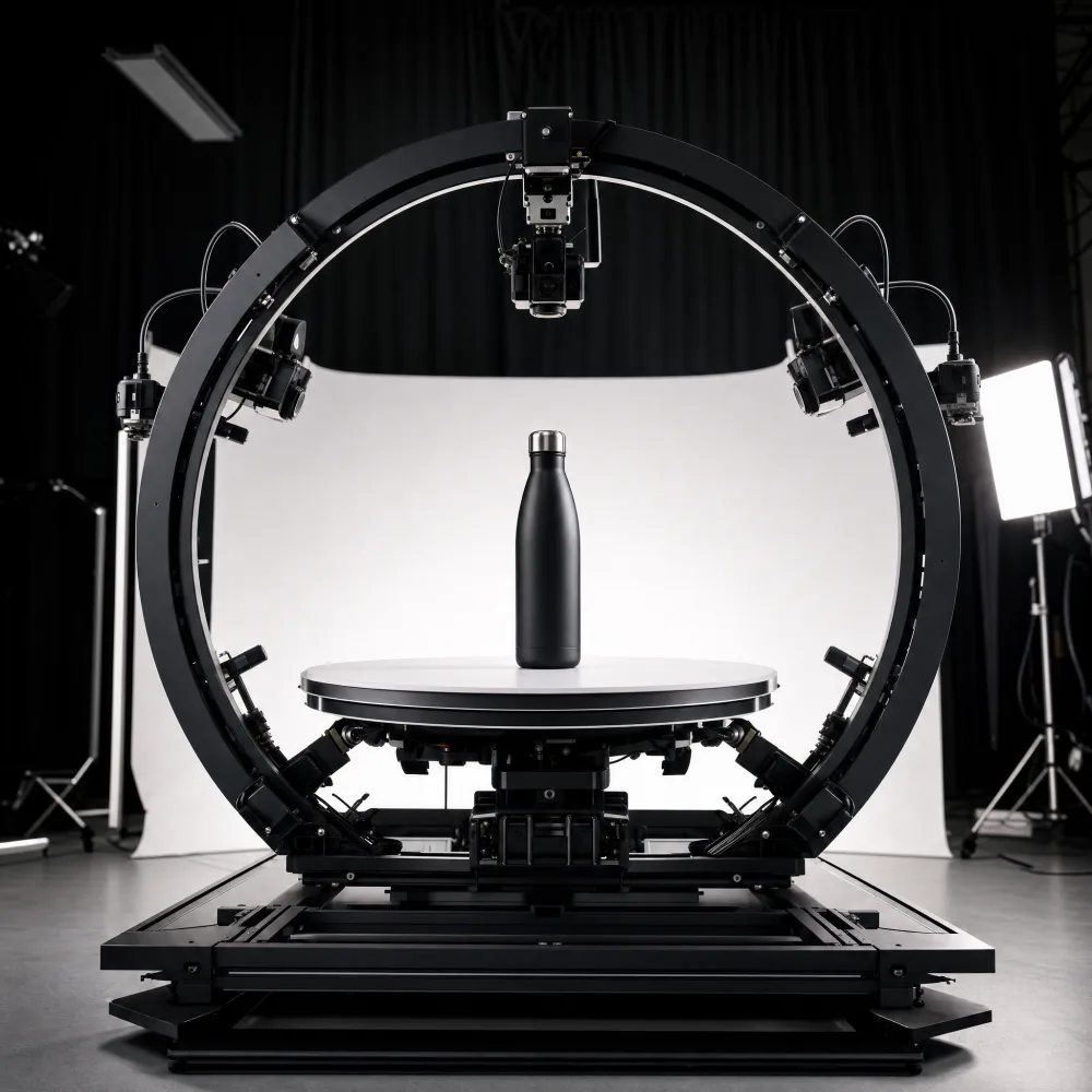 Behind-the-scenes view of a 360-degree product photography turntable rig set up in studio