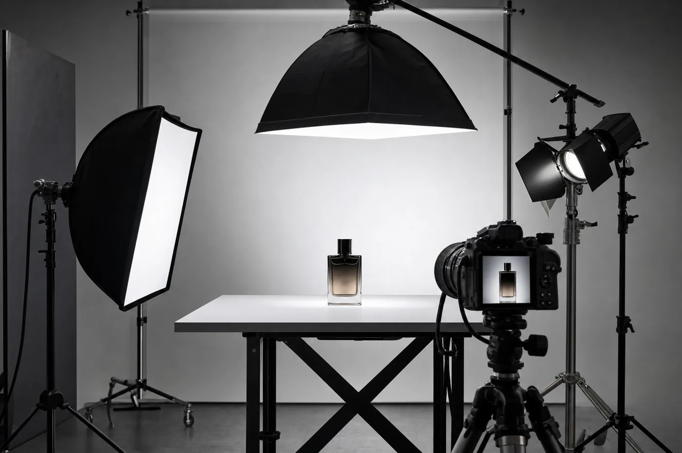 Behind-the-scenes view of a professional studio lighting rig arranged around a product, showing production process