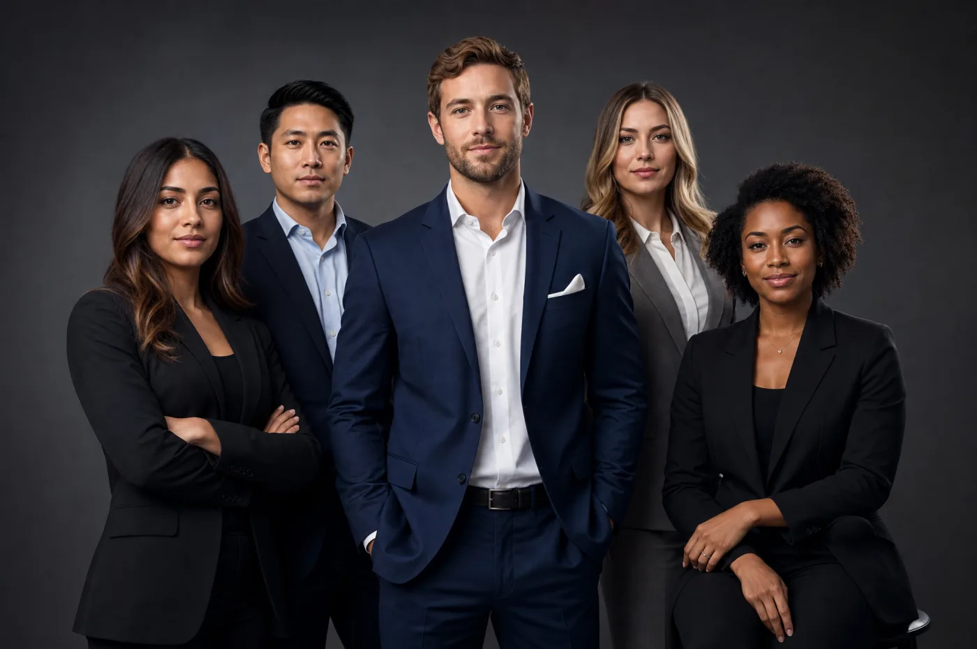 Small group of professionals photographed together during an on-site team headshot day, clean studio lighting